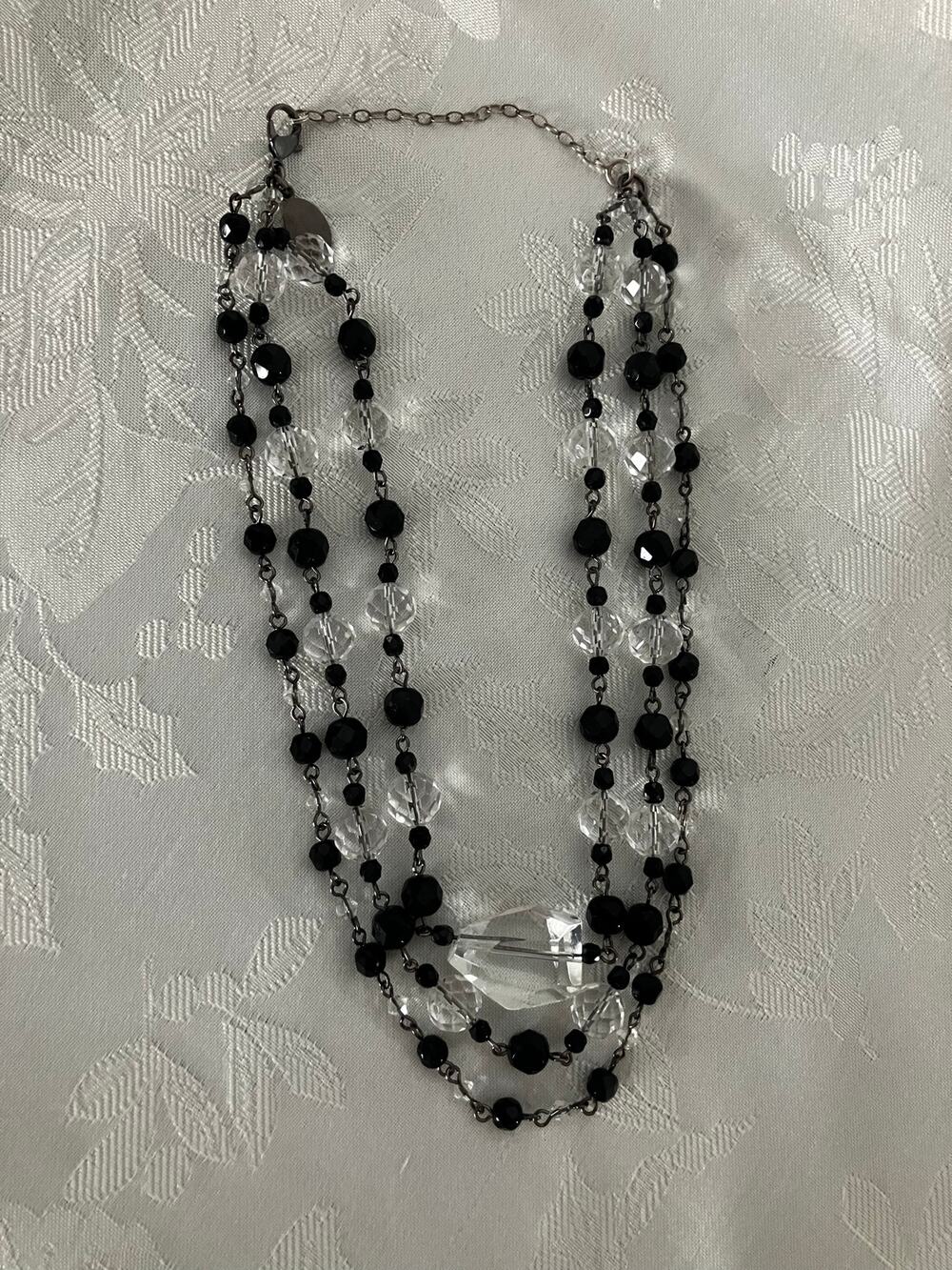 White House Black Market 3 Strand Beaded Necklace Black White Drop 8"